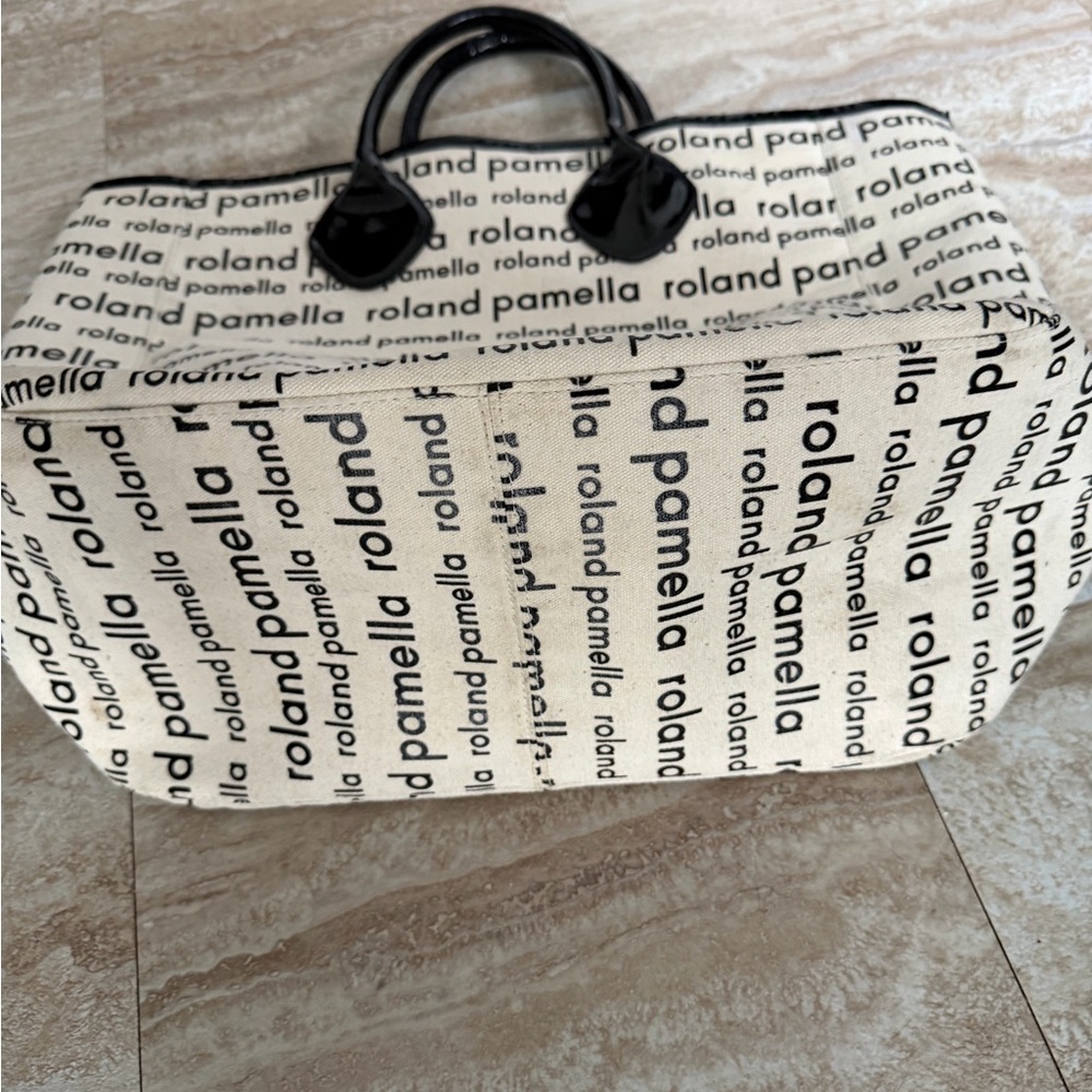 Pamella Roland Cream Canvas Logo Tote with Black patient leather handles
